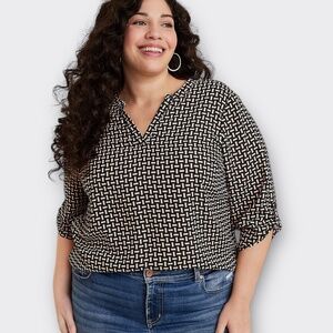 New MAURICES Plus Size 3XL Atwood Blouse Black Tan Geometric Lattice Casual Chic